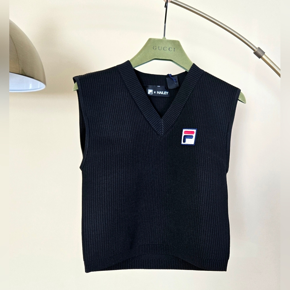 NWT FILA × HAILEY BIEBER Black Ribbed V-Neck Sweater Vest with Logo Patch Size:S